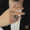 Harfli Kehribar Gümüş Erkek Yüzük Modeli