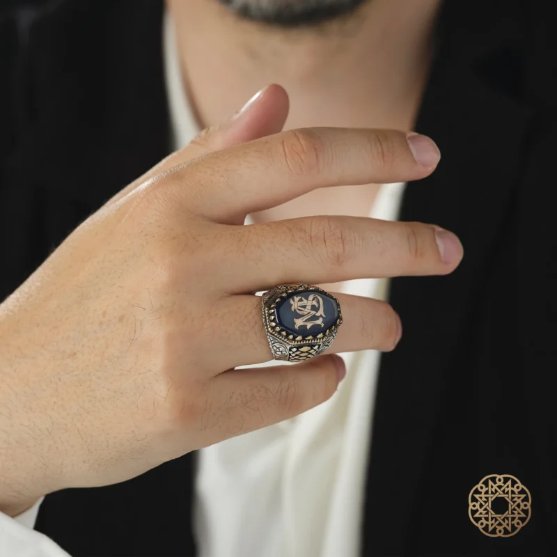 Harfli Kehribar Gümüş Erkek Yüzük Modeli