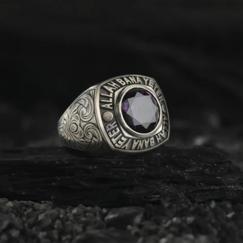 AMOR 17 EKIM 202532519 copy Ametist Taşlı Allah Bana Yeter Gümüş Erkek Yüzük Modeli