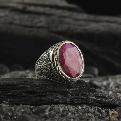 Yakut Taşlı Gümüş Erkek Yüzük Modeli