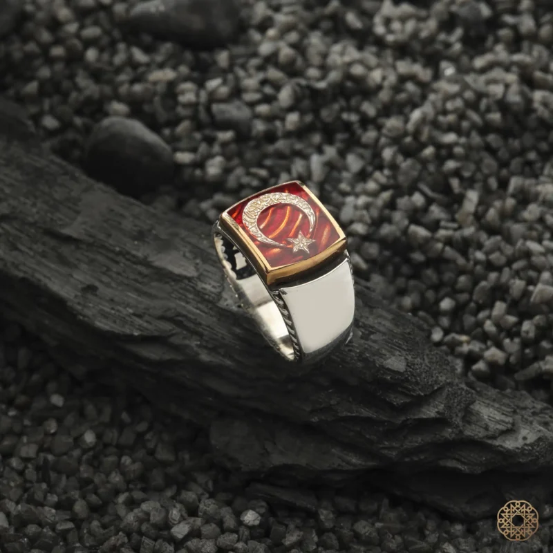 Kelime-i Tevhid Türk Bayrağı Gümüş Erkek Yüzük Modeli