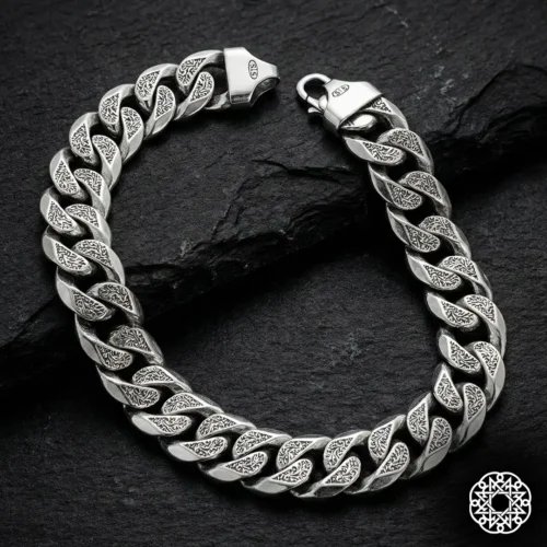 1 Gravürlü Kalın Zincir Gümüş Erkek Bileklik Modeli