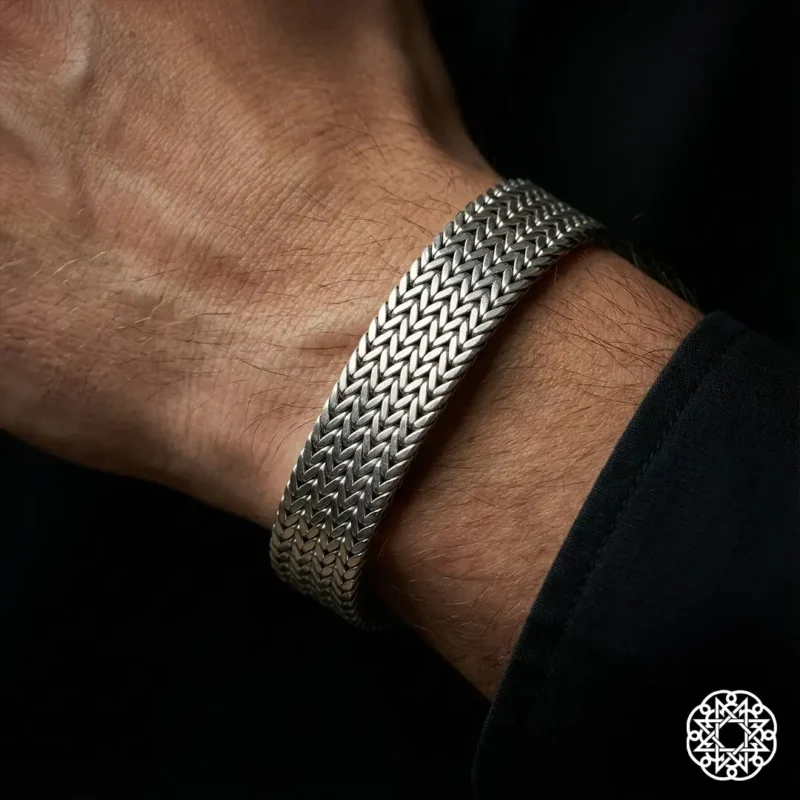 1 Balıksırtı Desen Kalın Gümüş Erkek Bileklik Modeli