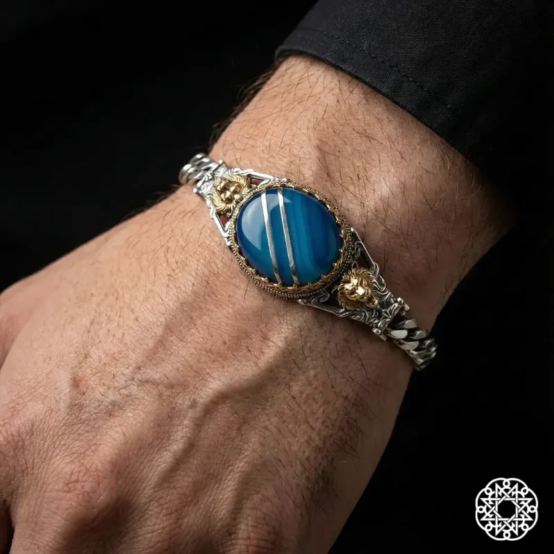 Aslanlı Mavi Galalit Gümüş Bileklik Modeli