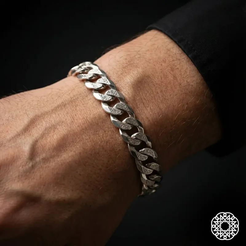 2 Gravürlü Kalın Zincir Gümüş Erkek Bileklik Modeli