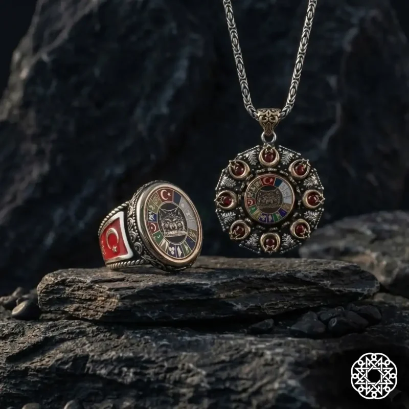 2 Türk İmparatorluğu Gümüş Yüzük ve Kolye Set