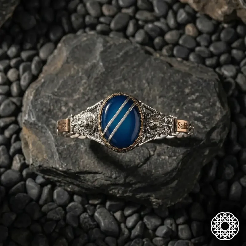 Aslanlı Mavi Galalit Gümüş Bileklik Modeli