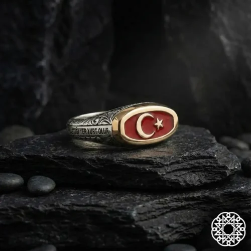 21das56 Türk Bala’sı Kurt Olur Bastığı Yer Yurt Olur Ayyıldız Gümüş Erkek Yüzük Modeli