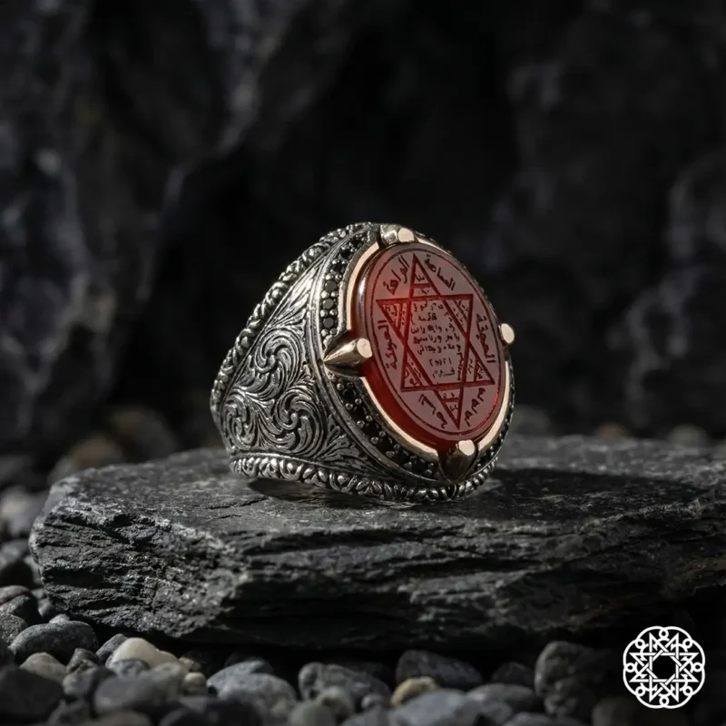 3 Akik Taşlı Hz. Süleyman Mührü Gümüş Yüzük Modeli