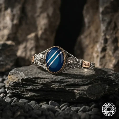 Aslanlı Mavi Galalit Gümüş Bileklik Modeli