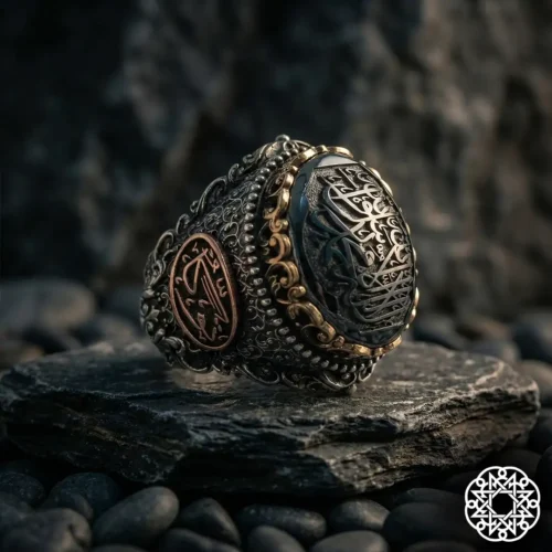 dfsghjkjhh Hematit Taşlı Kelime-i Tevhid Teslimiyet Tevekkül Gümüş Erkek Yüzük Modeli