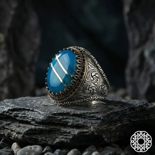 wrgethrjh35 Mavi Yarma Galalit Taşlı Gümüş Erkek Yüzük Modeli