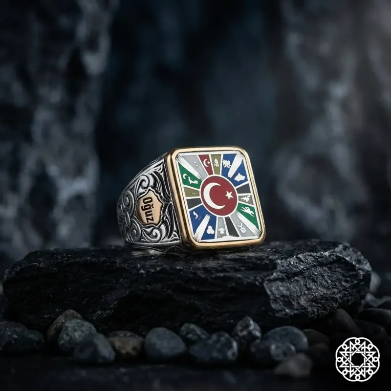 1 Dikdörtgen Türk Devletleri Gümüş Erkek Yüzük Modeli