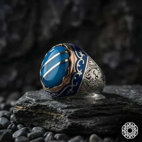 Mavi Yarma Galalit Gümüş Erkek Yüzük Modeli