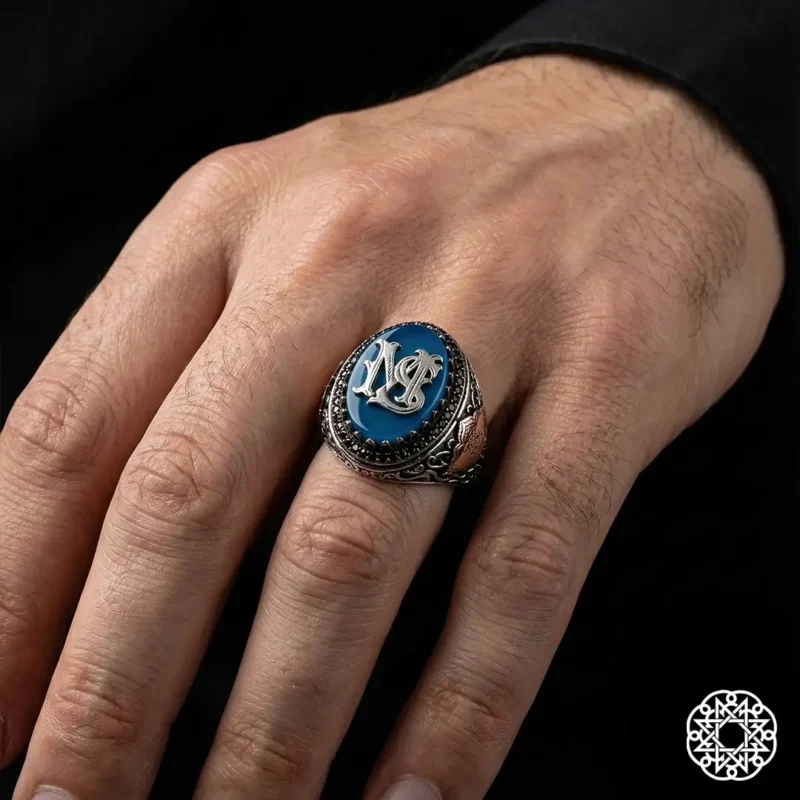 Harfli Mavi Galalit Gümüş Erkek Yüzük Modeli