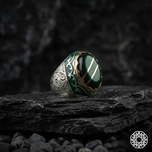 Yeşil Yarma Galalit Gümüş Erkek Yüzük Modeli