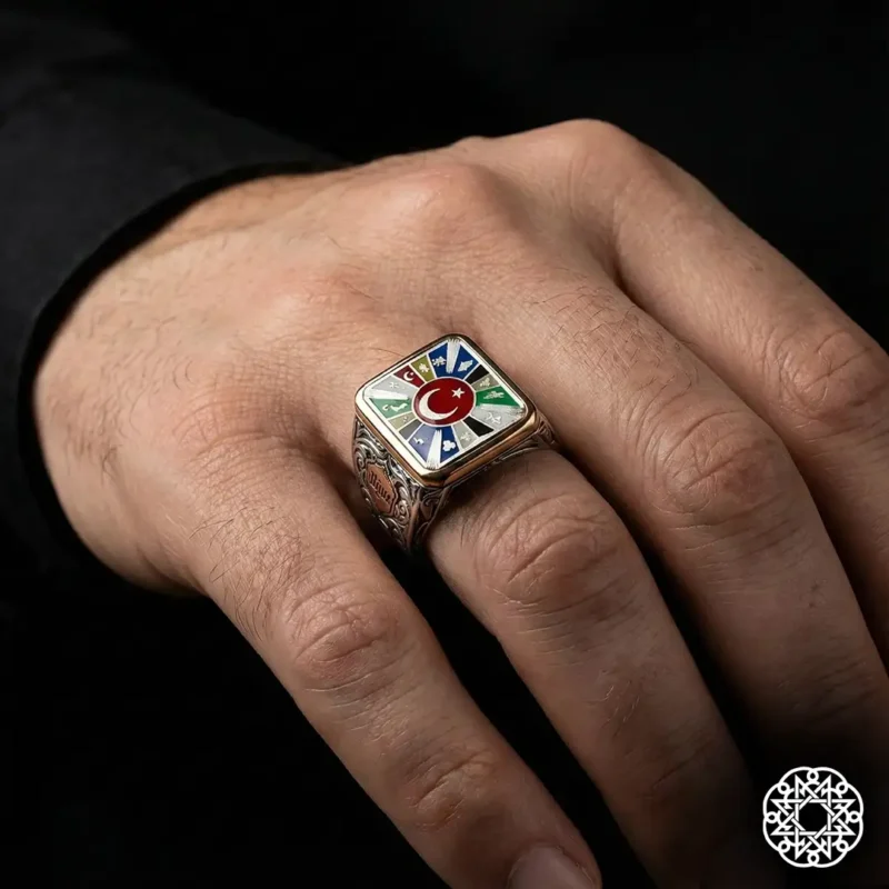 2 Dikdörtgen Türk Devletleri Gümüş Erkek Yüzük Modeli