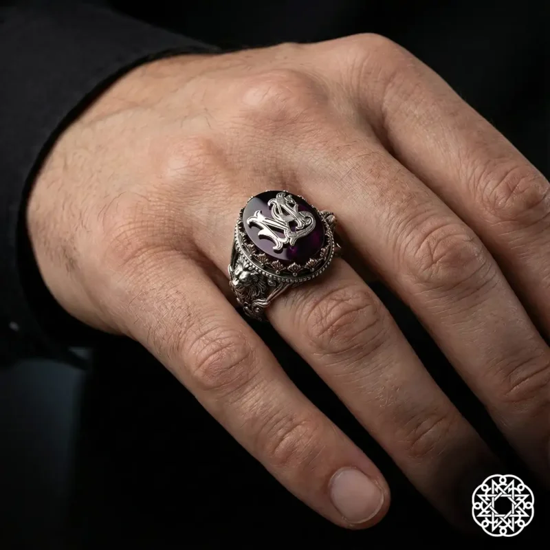 Harfli Aslanlı Bordo Galalit Gümüş Yüzük Modeli