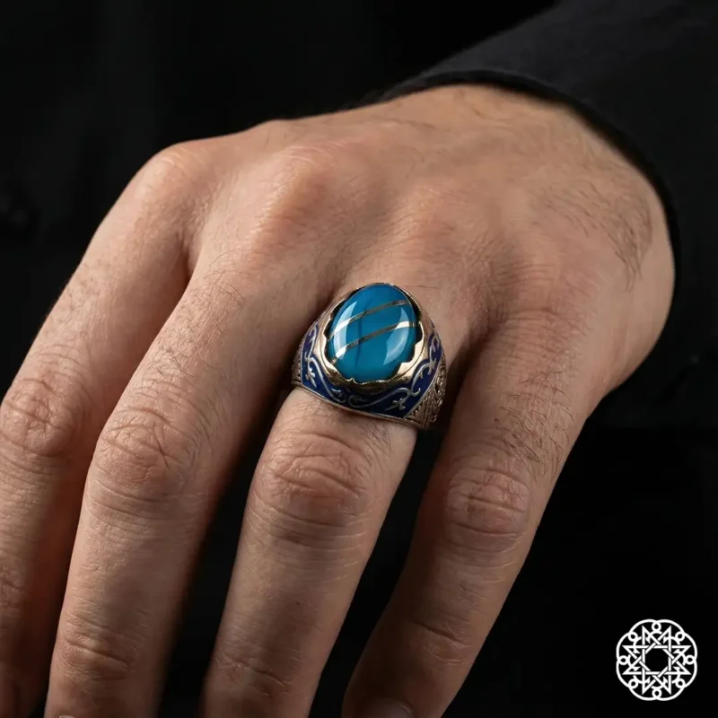 Mavi Yarma Galalit Gümüş Erkek Yüzük Modeli