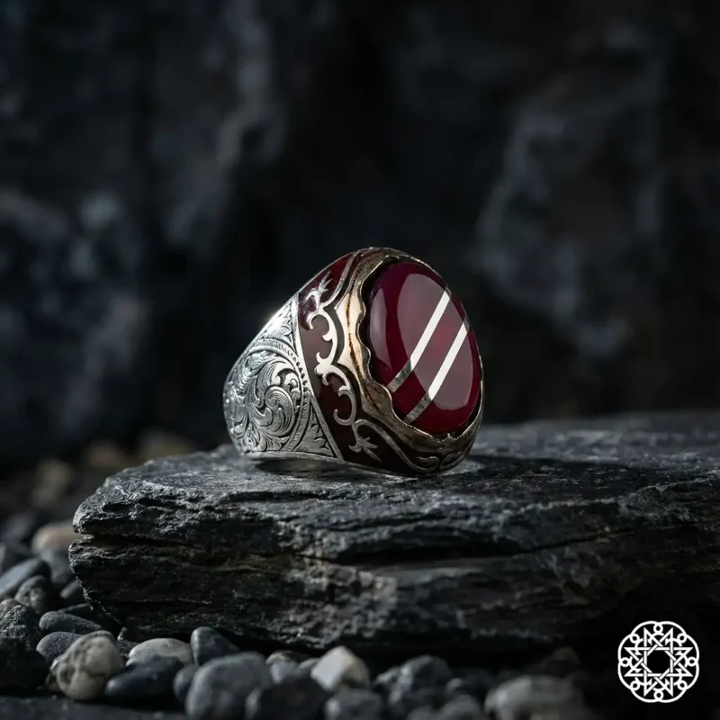 Kırmızı Yarma Galalit Gümüş Yüzük Modeli
