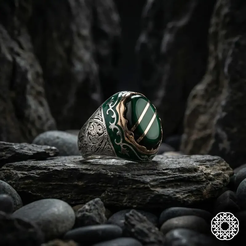 Yeşil Yarma Galalit Gümüş Erkek Yüzük Modeli