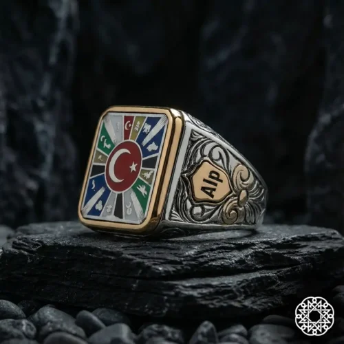 3 Dikdörtgen Türk Devletleri Gümüş Erkek Yüzük Modeli