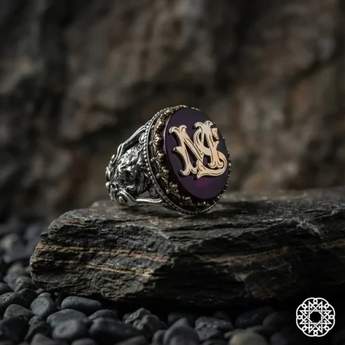 Harfli Aslanlı Bordo Galalit Gümüş Yüzük Modeli