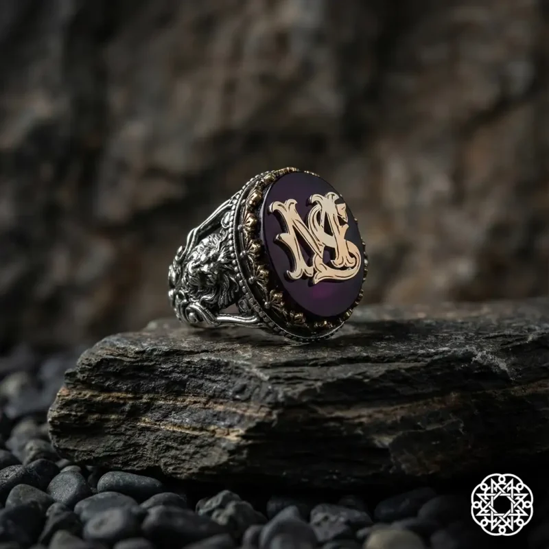 Harfli Aslanlı Bordo Galalit Gümüş Yüzük Modeli