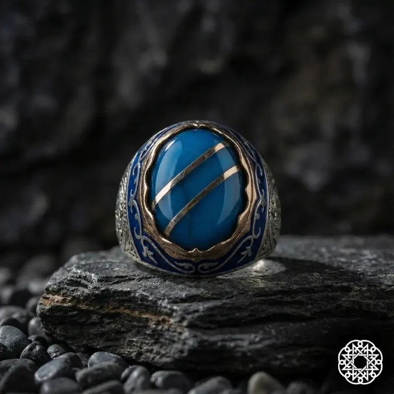 Mavi Yarma Galalit Gümüş Erkek Yüzük Modeli