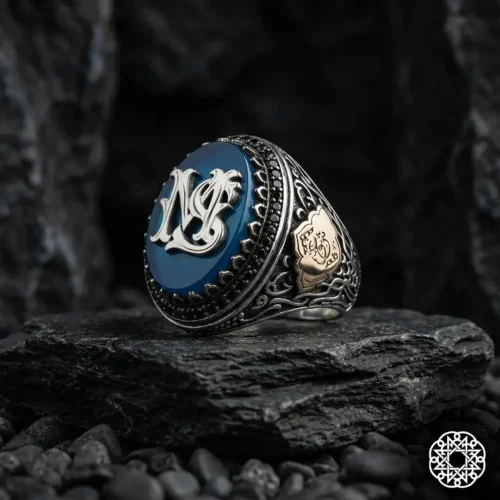 Harfli Mavi Galalit Gümüş Erkek Yüzük Modeli