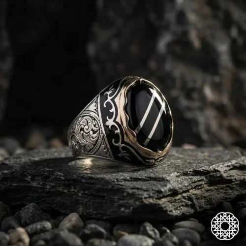 Siyah Yarma Kehribar Gümüş Yüzük Modeli