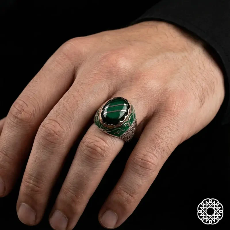 Yeşil Yarma Galalit Gümüş Erkek Yüzük Modeli